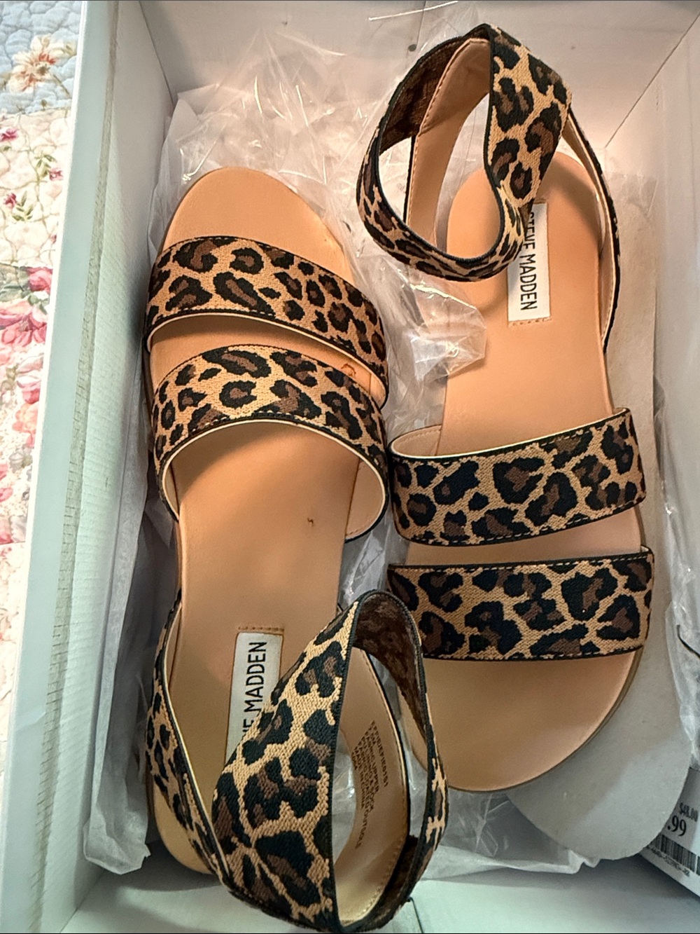 Steve Madden Effie Leopard Strap Ankle Sandals in Tan and Black 7.5